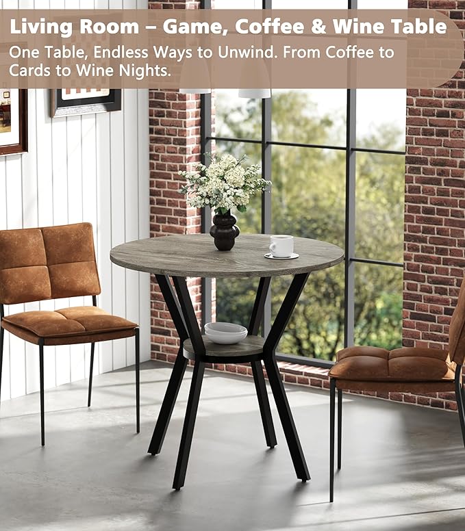 MECHYIN Round Dining Table for 2–4,31.5" Small Kitchen Table with Storage, Rustic Wood Table with Metal Legs, Space Saving Dining Table for Kitchen, Office, Dining Room, Apartment or Studio