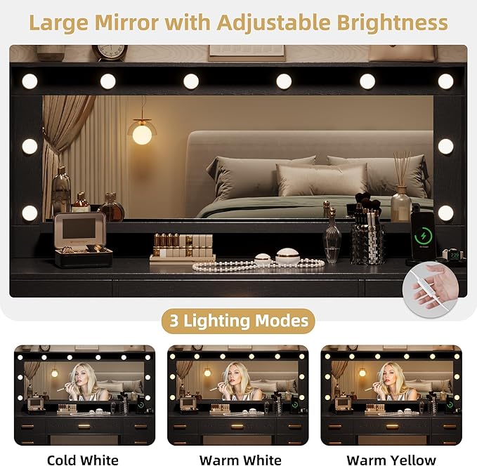 TOKSOM 44.8" Large Vanity Desk with Lighted Mirror & Power Outlet, Black Makeup Vanity Desk with Mirror and Lights, Black Vanity Table with 5 Drawers and 2 Cabinets, Dressing Table for Bedroom