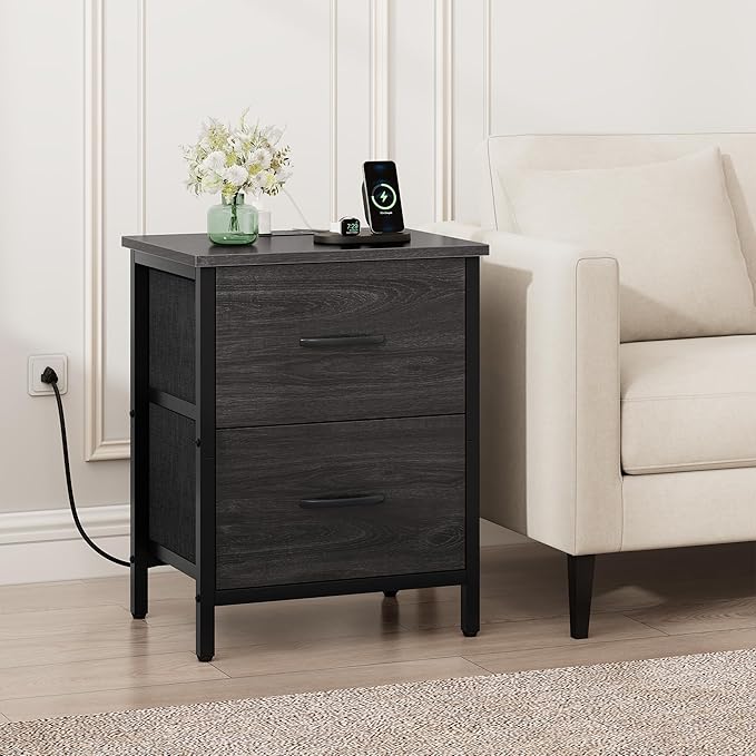 Vagusicc Nightstand with Charging Station, Bedside Table with USB Ports and Outlet, End Table Side Table with 2 Fabric Drawers for Bedroom, Living Room, Gray Walnut