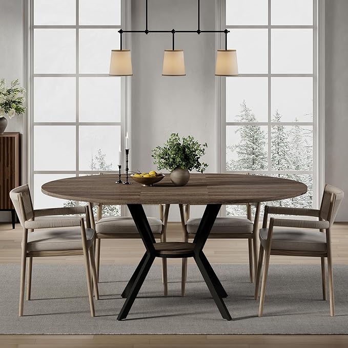 42"-58" Extendable Round Dining Table for 4-6, Kitchen Oval Table with Hidden Leaves & Storage Shelf, Space Saving Modern Design with Sturdy Metal Legs for Kitchen, Dining Room & Small Apartments