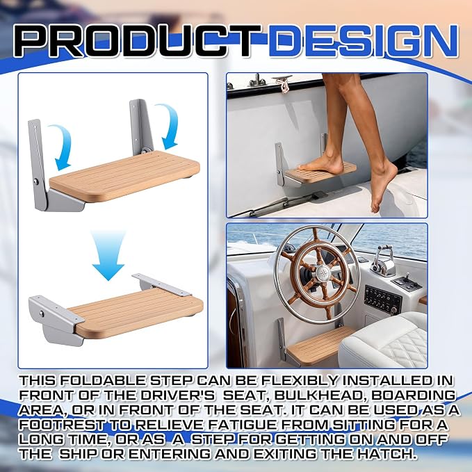 SiliFine 12 x 6.1 x 7.87 Inches Boat Fold up Footrest Foldable Teak Footrest for Boats Helm Wall Mounted Foldable Step Teak and Aluminum Hardware for Boat, Yacht, RV, Home, and More