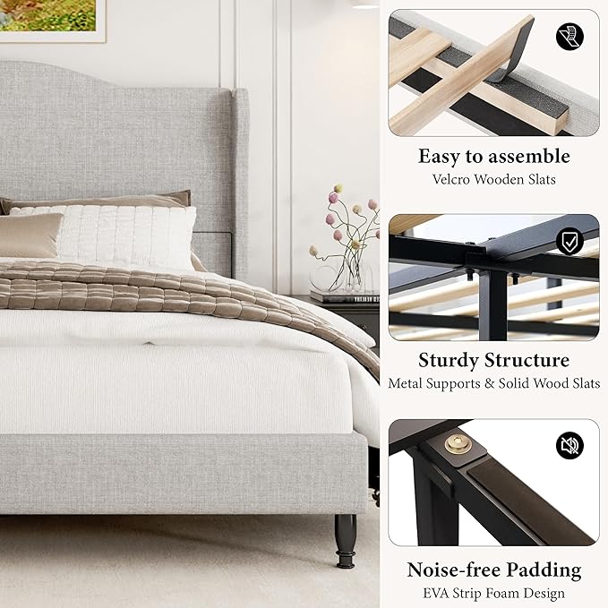 Queen Bed Frame with 50.4" Tall Wingback Headboard, Upholstered Platform Bed with Wood Slats, 1000 lbs Capacity, No Box Spring Needed, Easy Assembly, Beige