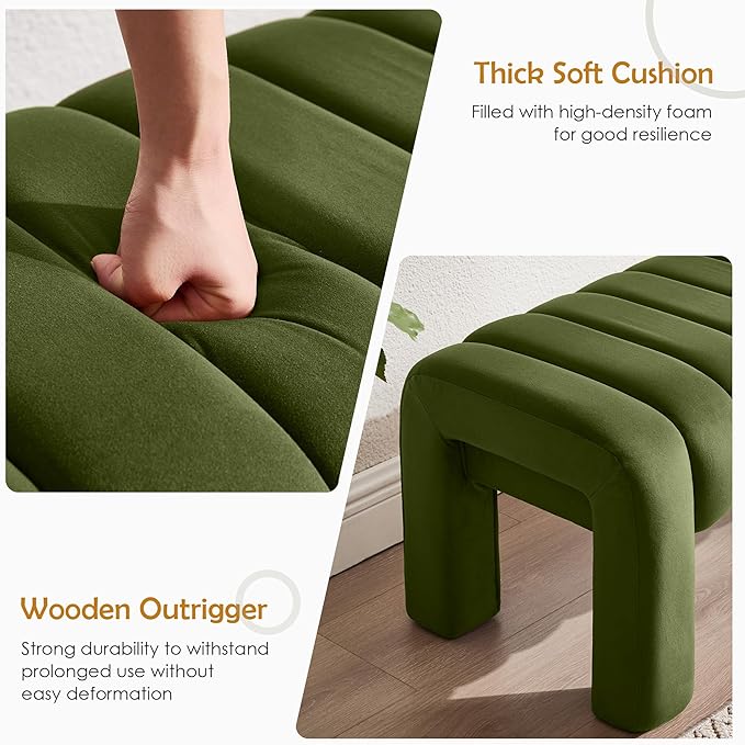 63” Dining Room Bench, Olive Green Tufted Upholstered End of Bed Bench, Modern Entryway Ottoman Window Seat with Solid Wood Legs and Padded Seat for Bedroom, Hallway and Living Room (Velvet)