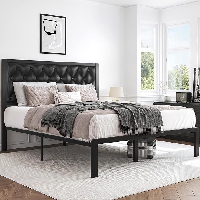 HISOFT Queen Bed Frame with Upholstered Button Tufted Headboard, Bed Frame Platform Metal Slats Support, Under Bed Storage, No Box Spring Needed, Noise-Free, Easy Assembly, Black