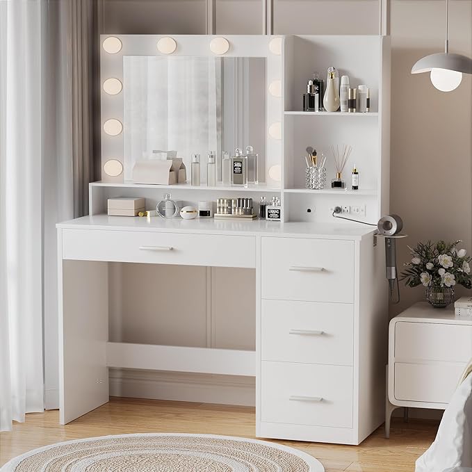 YESHOMY 39" Vanity Desk with Mirror & Lights, Makeup Vanity Table with Power Outlet & Storage Drawers, 3 Color LED Lighting, Dressing Table for Bedroom, Pure White