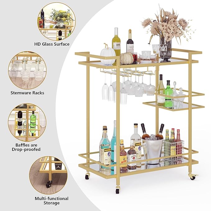 Gold Home Bar Cart, 2-Tier Glass Shelves Rolling Wine Cart with Wheels and Wine Holders, Modern Mobile Serving Trolley for Living Room Dining Room