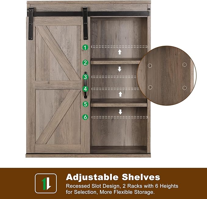 RUSTOWN Farmhouse Wood Wall Storage Bathroom Cabinet with Sliding Barn Door, Rustic Medicine Cabinet with Adjustable Shelf, 3-Tier Vintage Cabinet for Kitchen, Bathroom, Living Room (Washed Oak)