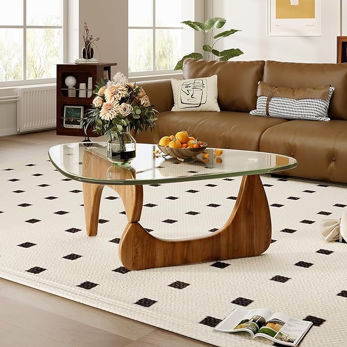Coffee Table for Living Room Mid Century Modern Center Table with Glass Top,32 Inch, Walnut Transparent