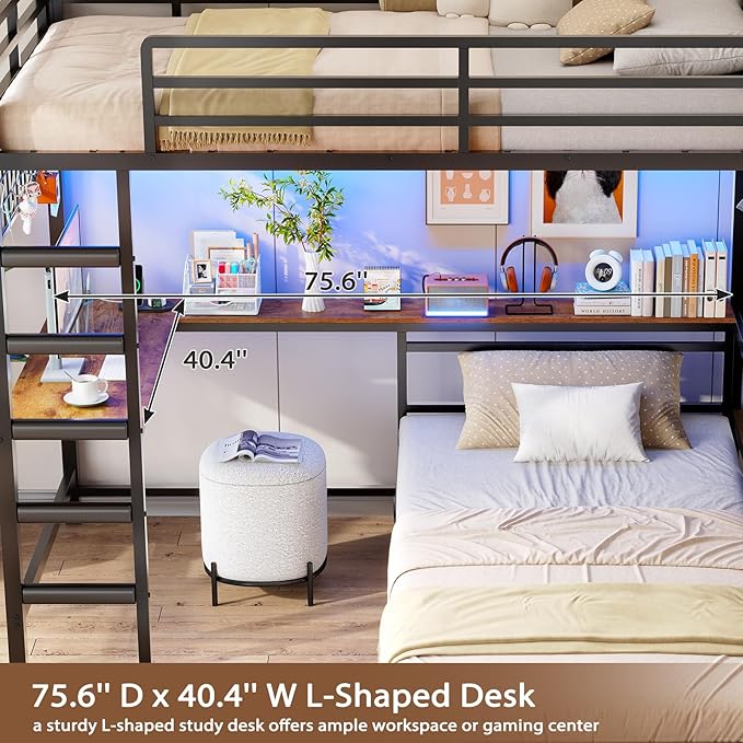 VIAGDO Bunk Bed Twin Over Twin with Hall Tree, Charging Station and LED Lights, L-Shaped Bunk Bed with Desk, 5 Storage Drawers, Twin Bunk Beds with Guardrail & Stairs, No Box Spring Needed, Black