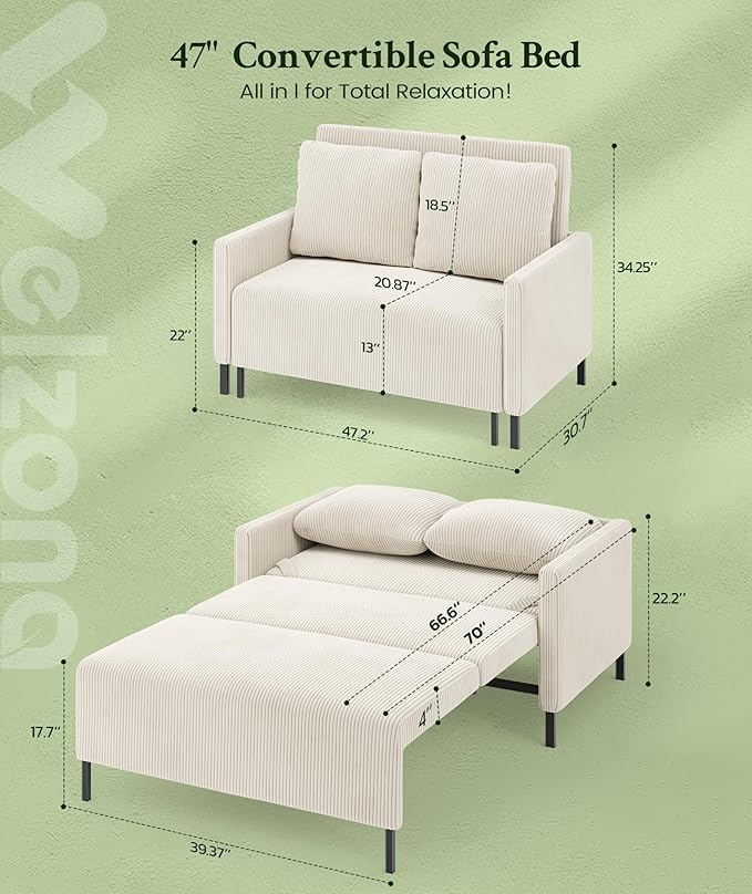 Welzona 47.2" Convertible Sofa Bed Couch, Comfy Corduroy Loveseat Sleeper Sofa, 620lbs Capacity Couch Bed, Easy Setup Love Seat Sleeper Bed 2 Pillows, Small Couches for Living Room/Office, Beige White
