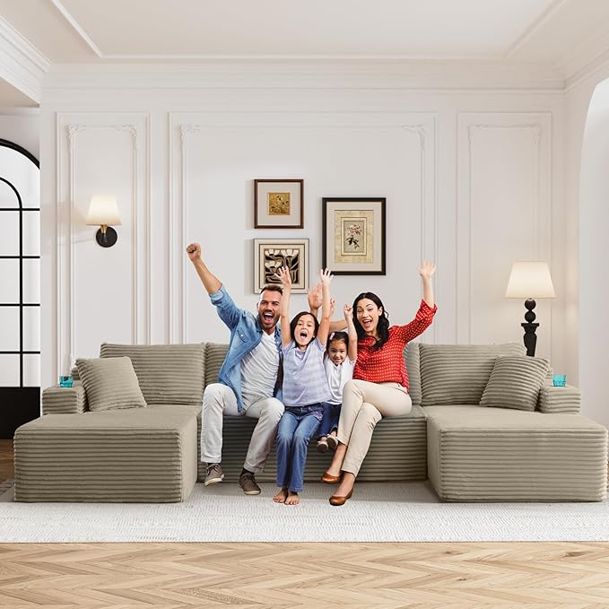 133" Oversized Cloud Boneless Sofa Couch with Chaise, Modern Corduroy U Shaped Modular Sectional Sofa with Deep Seat, Comfy Couch with Cupholders and Storage, No Assembly Required-Camel