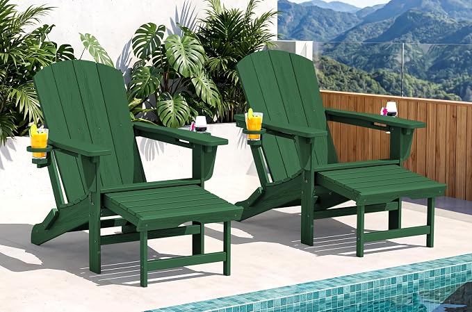 SERWALL Folding Adjustable Adirondack Chairs with Footrest Set of 2, HDPE Outdoor Chair with Dual Cup Holders, All Weather Adirondack Chair with Ottoman, Green