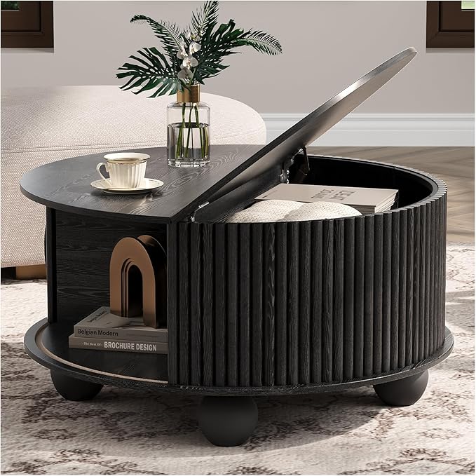 JOINICE Black Round Coffee Table with Storage, 31.5" Fluted Drum Center Table with Sliding Door, Modern Farmhouse Wood Circle Table with Bun Feet for Living Room