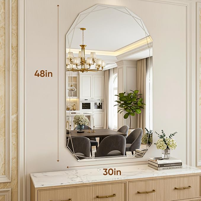 Suidia Bathroom Mirror, 30"x 48" Wall Mirror, Frameless Bathroom Mirror with Beveled Edge for Bedroom, Living Room, Entryway, Hallway, Arched Shape