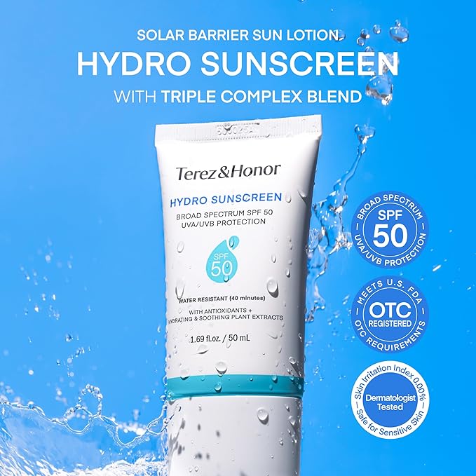 Terez & Honor Hydro Sunscreen for Face: Hydrating Broad Spectrum SPF 50 Sunscreen with UVA/UVB Protection - Moisturizing, Soothing, Water-Resistant, No-White Cast & Non-Greasy - Korean Sun Care 2-Pack