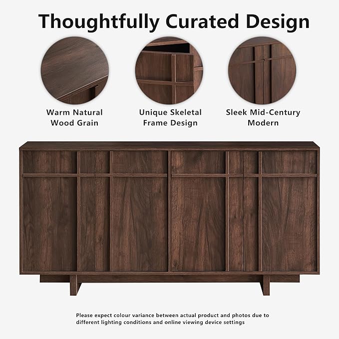 Sideboard Buffet Cabinet with Storage, Mid Century Modern Accent Cabinet with Skeleton Line & Wood Grain Texture,Minimalist Geometric Credenza for Living Room, Kitchen and Entryway, Cherry