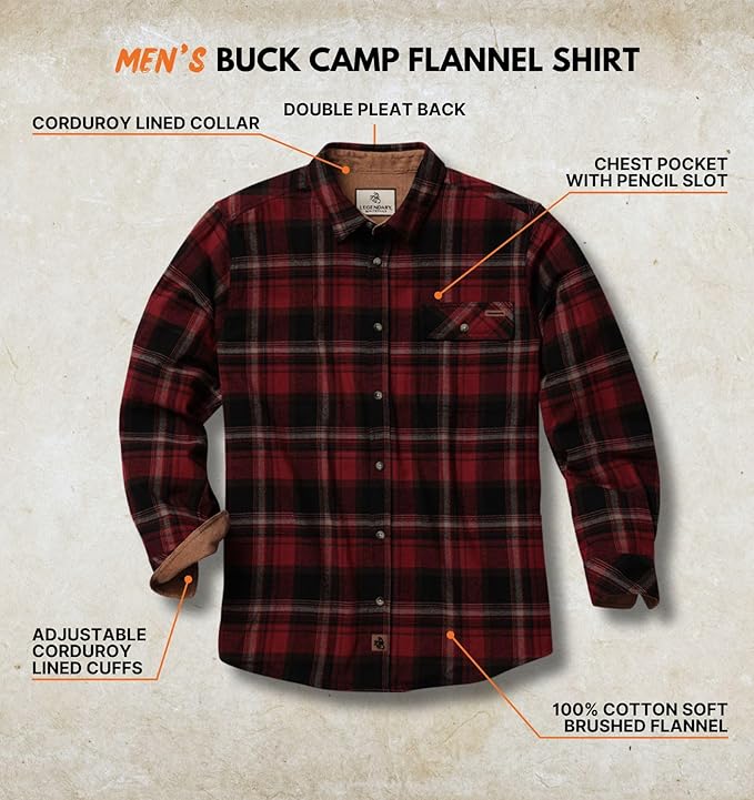 Legendary Whitetails Mens Long Sleeve Button Down 100% Cotton Flannel Shirt