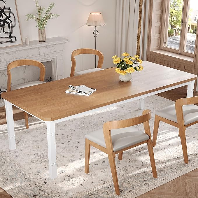 Garvee Large Dining Table for 6-8 People, 79" Wooden Kitchen Table with Sturdy Metal Frame, Dining Room Table for Dining Room, Kitchen, White Leg & Natural