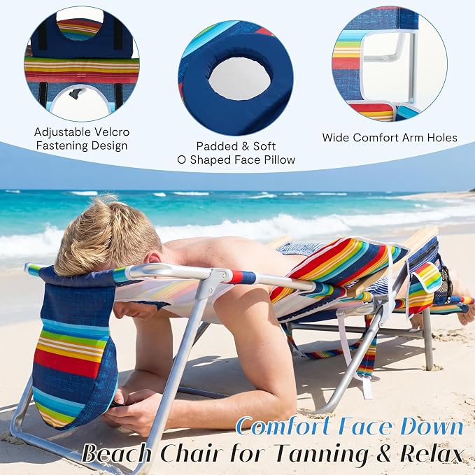5-Positon Backpack Beach Chair, Portable Folding Tanning Chair, Double Shoulder Straps Beach Lounge Chair with Footrest, Face Hole, Towel Bar (Red Blue, 60.6" with Canopy (Set of 2))