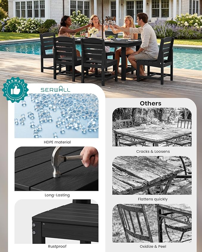 SERWALL Patio Dining Sets for 6 Person, HDPE Dining Set with 6 Armless Chairs, Black