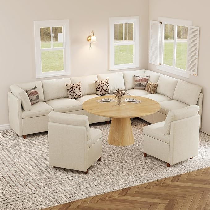 SITJOY Breakfast Nook Bench with Storage, Modular Corner Kitchen Banquette Seating, Dining Settee Couch, Upholstered Dining Bench with Back, Soft-to-Touch Fabric in Beige, 9-Seat U Shaped Nook