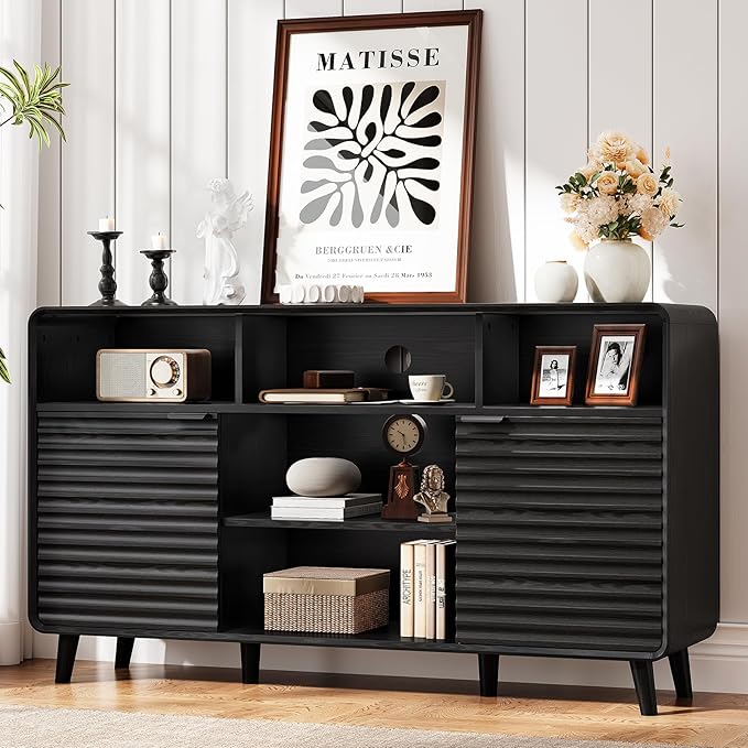 58 Inch Curved Sideboard Buffet Cabinet w/2 Wave Doors and Open Storage Spaces, Angled Side Frame, Sideboard Storage with Adjustable Shelves, Coffee Bar Cabinet for Kitchen, Living Room, Black