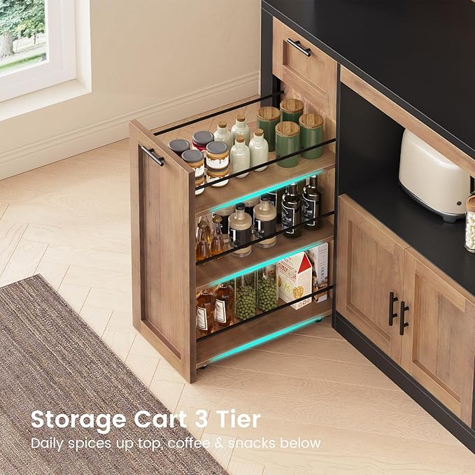 Itaar 71" Pantry Cabinet with Charging Station and LED Light, Kitchen Pantry Cabinet with Microwave Stand, 47.2" Wide Kitchen Storage Cabinets with Storage Cart 3 Tier for Dining Room,Brown