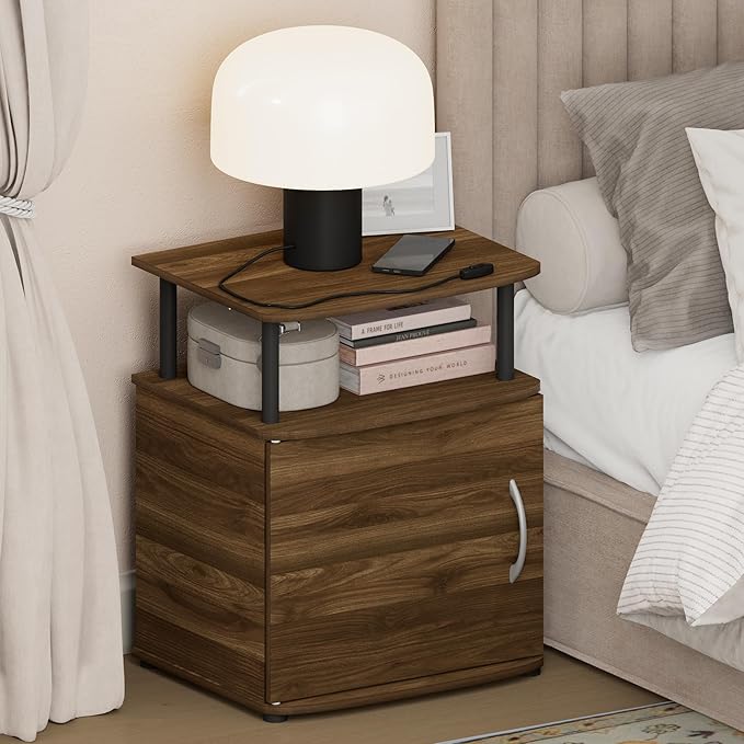 Furinno Jaya Night Stand with Door, Nightstand with Open Shelf and Door Cabinet, Round Corner Bedside Table, Side Table, End Table, for Bedroom, Closet, Dorm, Amber Pine