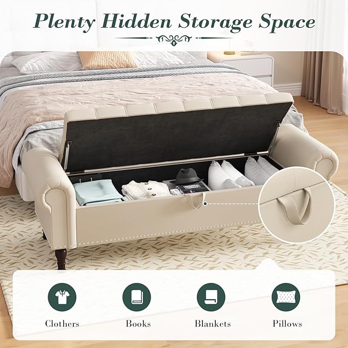Apicizon 60” Bench with Storage, Faux Leather Ottoman Bench with Rolled Arm & Vintage Rivets, End of Bed Bench for Bedroom, Living Room, Entryway, Beige+Brown Legs