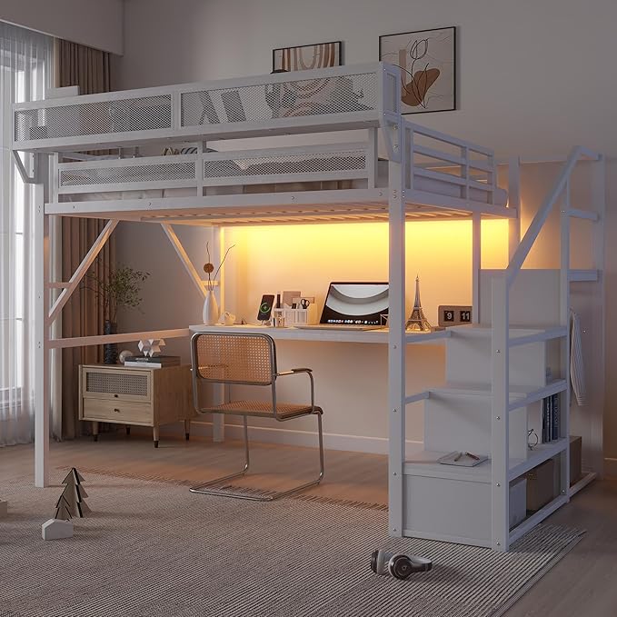 KEIKI Queen Size Metal Loft Bed Frame with Desk, Staircase, Built-in Storage Shelves and Wardrobe, Modern Loft Bed with Solid Slat, Guardrail, No Box Spring Required, Easy Assembly, for Bedroom, White