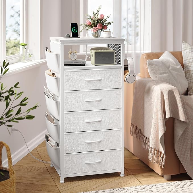 EnHomee Tall Nightstand with 5 Drawers, Night Stand with Charging Station and LED Light, Bedside Table with Extra Side Bag & Hooks, Dorm, Bedroom, Closet, Hallway, Entryway, Save Space, White