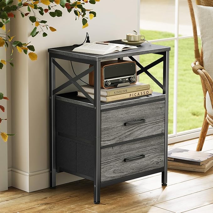 Huuger Night Stand with Charger Station, 2 Drawer Nightstand with Open Shelf, Bed Side Table with USB-C Port, End Table, Compact Size for Small Spaces, X Shaped Side Rail, Grey