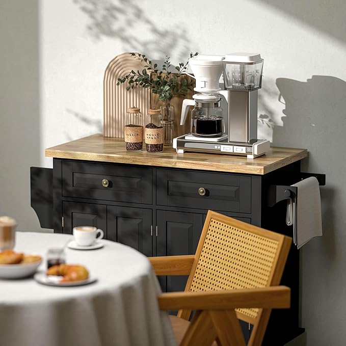 HOMCOM Kitchen Island Cart with Solid Wood Top, 44" Mobile Kitchen Island Table on Wheels with Storage Cabinets, 2 Drawers, Adjustable Shelves, Spice Rack & Towel Bar for Dining Room, Black