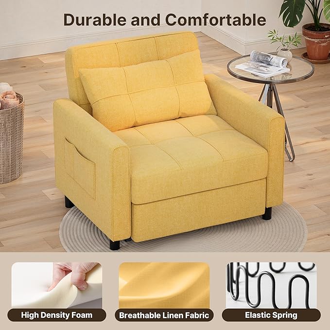 Gizoon Sofa Bed Chair 3 in 1 Convertible, Pullout Single Sleeper Chair Bed with Adjustable Backrest, Spacious Multifunctional Sofa Couches for Living Room, Bedroom, Apartment