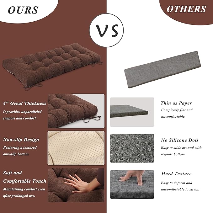 Bench Cushion for Indoor Furniture 48x19 inch Rectangle Bench Seat Cushion for Bay Window Entryway Bench Thick Textured Chair Cushion with Non-Slip Backing 1 Pack, Coffee