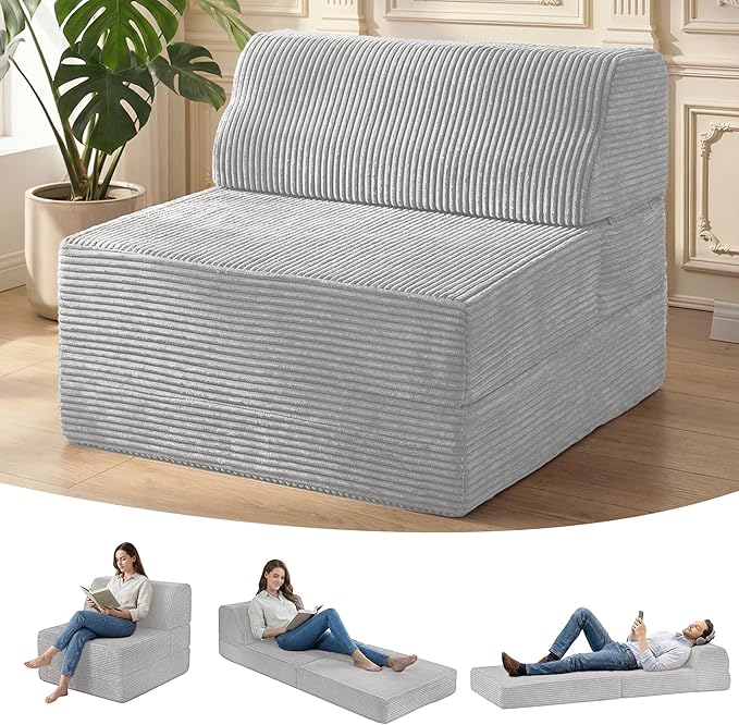 Kasunpul Folding Sofa Bed with Pillow, Memory Foam Fold Out Chair Bed, Convertible Sleeper Chair with Washable Cover, Futon Floor Couch for Living Room/Dorm/Guest Use/Home Office/Apartment, Light Grey