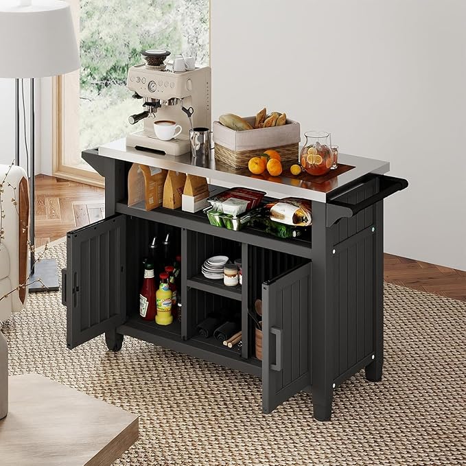 EasyUp Outdoor Storage Cabinet,Patio Storage Table, Bar Table with Wheels,Outdoor Bar Cart for Patio, Poolside and Backyard,Classic Black