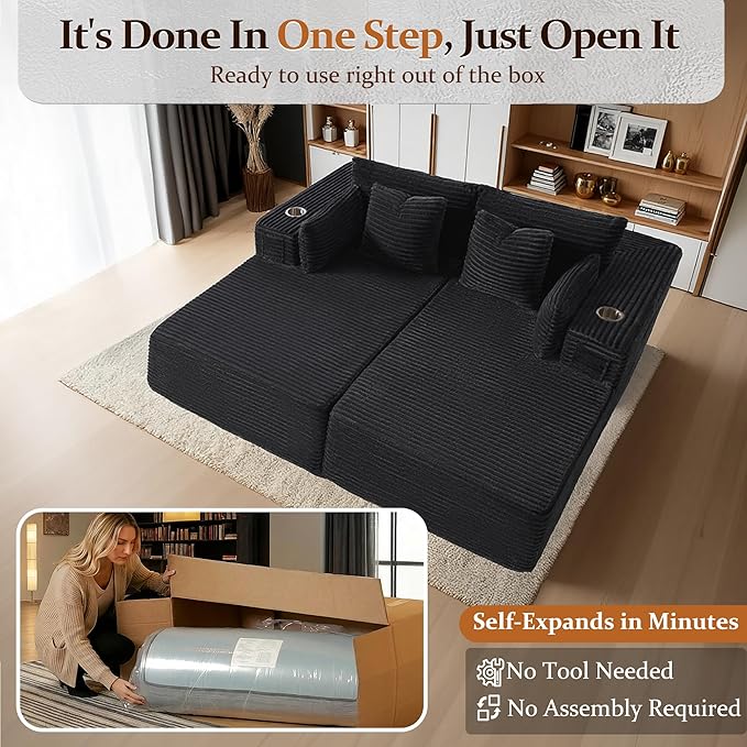 72" Cloud Sectional Couch, Comfort Sleep Sofa for Living Room, Extra Deep Seats No Assembly, Minimalist Modular Couch, Corduroy (Black, Loveseat Chaise)