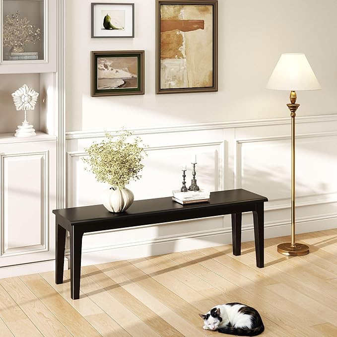 Dining Bench 55.1" Wood Solid Oak Wooden Bed End/Entryway Bench for Bedroom Living Room Kitchen(Black)