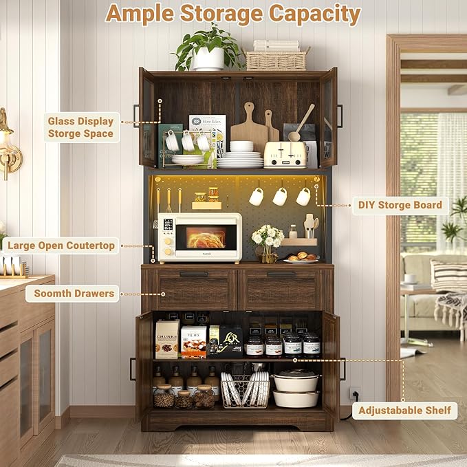 Unikito 71" Pantry Cabinet with LED Light & Outlet, Tall Kitchen Pantry Storage Cabinet with Microwave Stand, DIY Pegboard, Drawers and Adjustable shelf, Kitchen Hutch for Dining Room, Weathered Brown