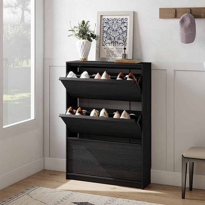 Shoe Cabinet with 3 Flip Drawers, 31.5" W Narrow Shoe Storage Cabinet for Entryway, Slim Shoe Organizer with Adjustable Shelves, Freestanding Shoe Rack for Hallway, Living Room, Black