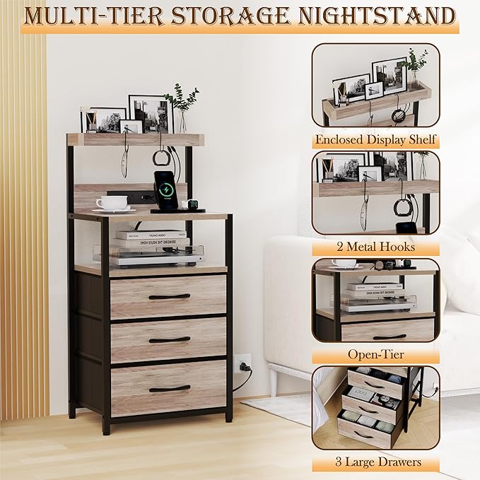 SZLHANJZ Nightstand Set of 2, Large Night Stand with LED Lights and Charging Station, 39-Inch Tall Bed Side Tables with Shelves, 3 Fabric Drawers Bedside Table for Bedroom, Greige