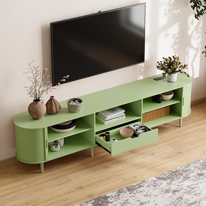 DHH 86.6" Fluted TV Stand with Power Outlet for TVs up to 90", TV Console with Adjustable Shelves and Sliding Door,Mid Century Modern Entertainment Center for Living Room,Bedroom (Green, 86.6Inch)