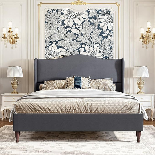 koorlian Queen Bed Frame Upholstered Platform Bed with 51" Tall Headboard Wingback, Soft Fabric, Retro Simple Style No Box Spring Needed, Easy Assembly, Grey