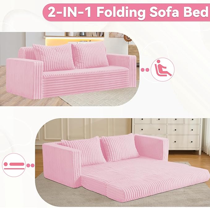 HABUTWAY 68" Loveseat Boneless Couch, 4-in-1 Convertible Sofa Bed, Plush Fur Folding Futon Sofa Bed Couches with 2 Pillows for Living Room, High-Density Foam Support, No Assembly Required, Pink