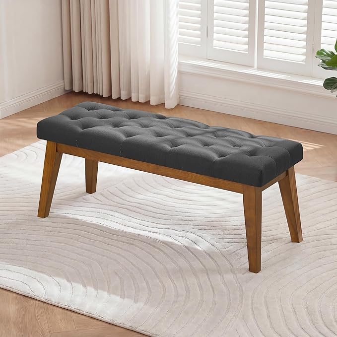 43.5" Upholstered Bedroom Bench, Linen Entryway Bench with Solid Wood Legs, End of Bed Bench with Cushion, Tufted Button Dining Bench for Living Room, Bedroom, Hallway, Dark Grey