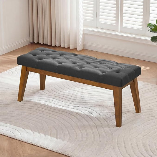 43.5" Upholstered Bedroom Bench, Linen Entryway Bench with Solid Wood Legs, End of Bed Bench with Cushion, Tufted Button Dining Bench for Living Room, Bedroom, Hallway, Dark Grey