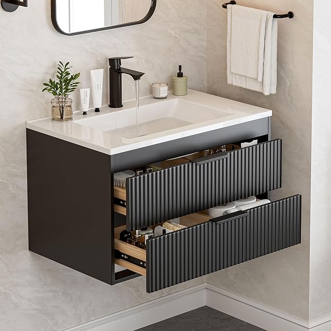 30 Inches Modern MDF Bathroom Vanity with Sink, Wall Mounted Floating Cabinets w/Double Drawers, Black Handles, White Resin Sink Combo Set (Black, 30")