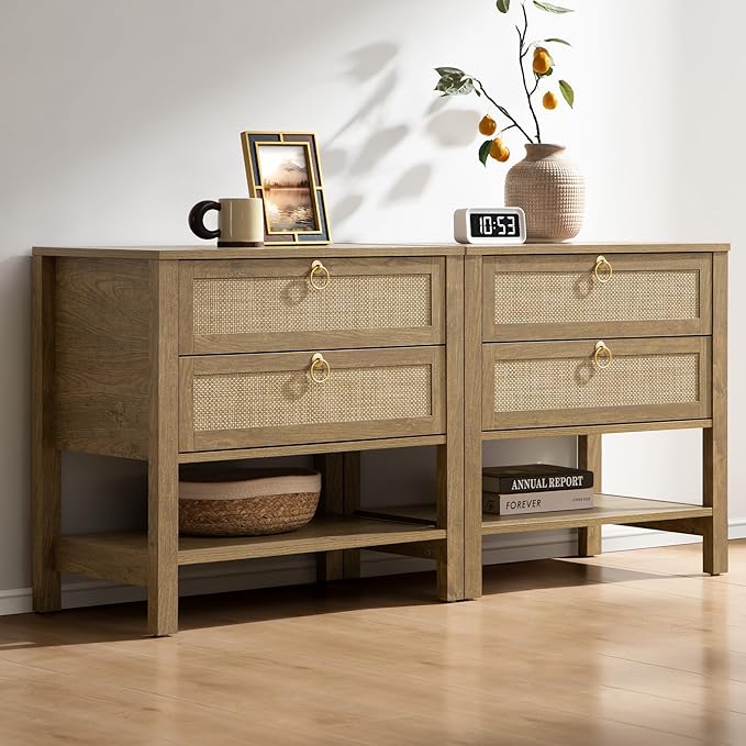 SICOTAS Night Stands Set of 2 for Bedroom, Large Bedside Tables with Drawer & Open Shelf, Wide Boho Rattan Nightstand Set Narrow Side Table for Master Bedroom