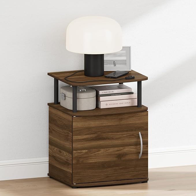 Furinno Jaya Night Stand with Door, Nightstand with Open Shelf and Door Cabinet, Round Corner Bedside Table, Side Table, End Table, for Bedroom, Closet, Dorm, Columbia Walnut